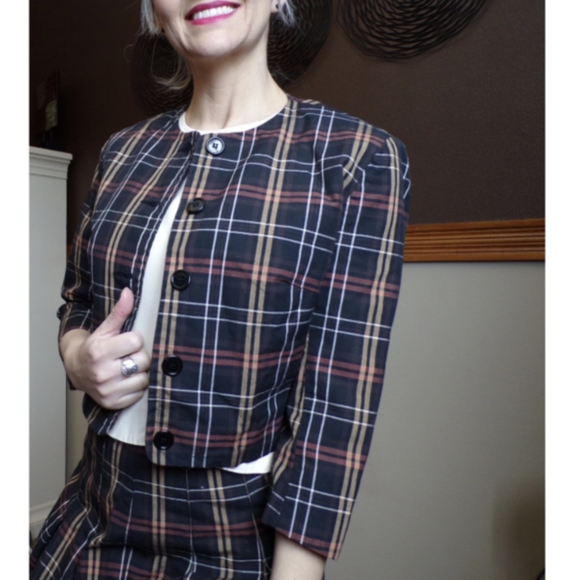 1960's PLAID SKIRT SUIT 60's vintage set S (D4) - Picture 2 of 9